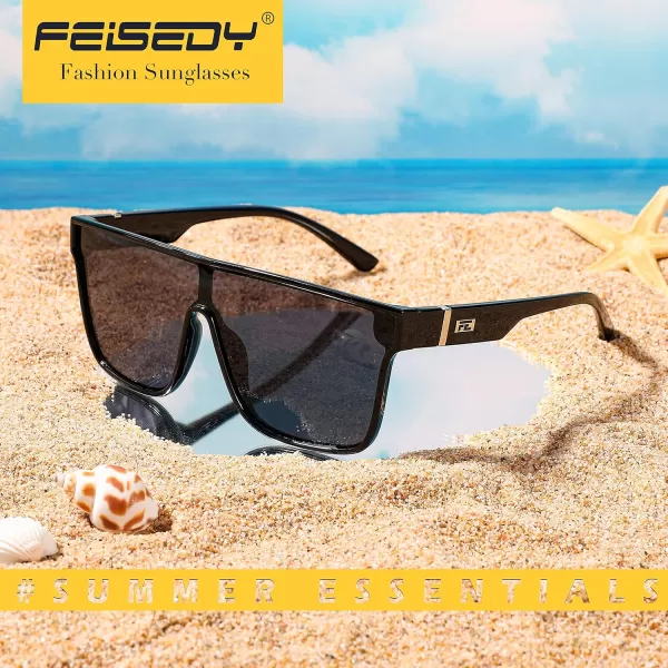 FEISEDY Fashion Flat Top Sunglasses Trendy Oversized Square Shades Women Men UV400 B2996Black Frame  Grey Lens