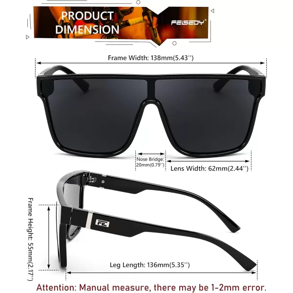 FEISEDY Fashion Flat Top Sunglasses Trendy Oversized Square Shades Women Men UV400 B2996Black Frame  Grey Lens