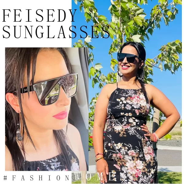FEISEDY Fashion Flat Top Sunglasses Trendy Oversized Square Shades Women Men UV400 B2996Black Frame  Grey Lens