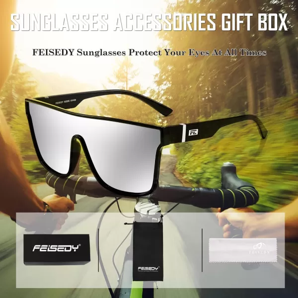 FEISEDY Fashion Flat Top Sunglasses Trendy Oversized Square Shades Women Men UV400 B2996Black Frame  Silver Lens