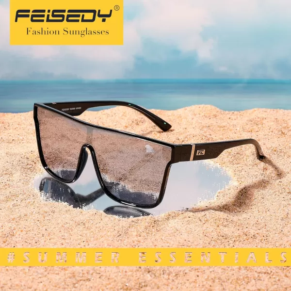 FEISEDY Fashion Flat Top Sunglasses Trendy Oversized Square Shades Women Men UV400 B2996Black Frame  Silver Lens
