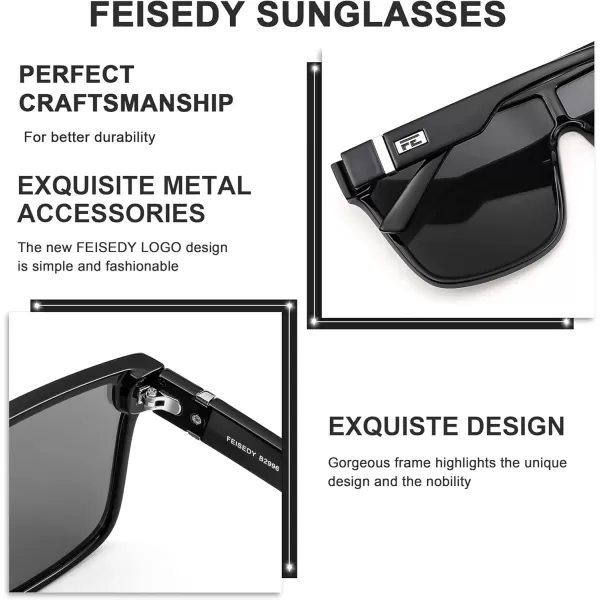 FEISEDY Fashion Flat Top Sunglasses Trendy Oversized Square Shades Women Men UV400 B2996Black Frame  Silver Lens