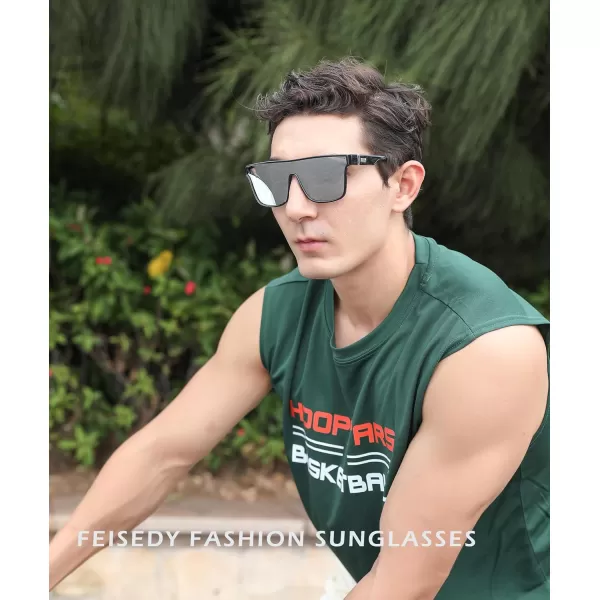 FEISEDY Fashion Flat Top Sunglasses Trendy Oversized Square Shades Women Men UV400 B2996Black Frame  Silver Lens