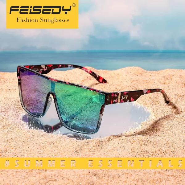 FEISEDY Fashion Flat Top Sunglasses Trendy Oversized Square Shades Women Men UV400 B2996Blue Purple Flower Frame  Green Mirrored Lens