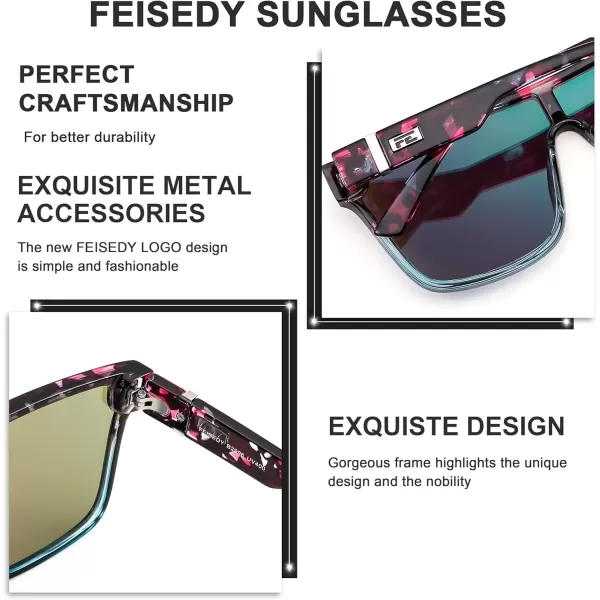 FEISEDY Fashion Flat Top Sunglasses Trendy Oversized Square Shades Women Men UV400 B2996Blue Purple Flower Frame  Green Mirrored Lens