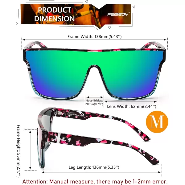 FEISEDY Fashion Flat Top Sunglasses Trendy Oversized Square Shades Women Men UV400 B2996Blue Purple Flower Frame  Green Mirrored Lens