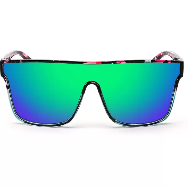 FEISEDY Fashion Flat Top Sunglasses Trendy Oversized Square Shades Women Men UV400 B2996Blue Purple Flower Frame  Green Mirrored Lens