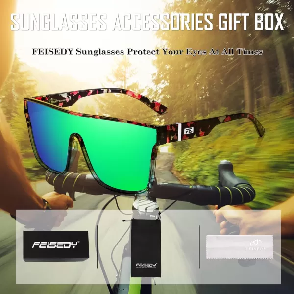 FEISEDY Fashion Flat Top Sunglasses Trendy Oversized Square Shades Women Men UV400 B2996Blue Purple Flower Frame  Green Mirrored Lens