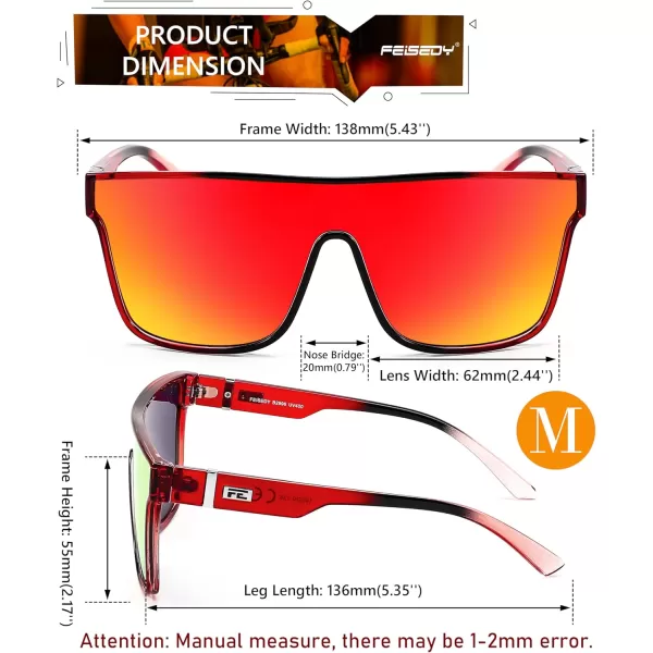 FEISEDY Fashion Flat Top Sunglasses Trendy Oversized Square Shades Women Men UV400 B2996Red Black Frame  Red Mirrored Lens