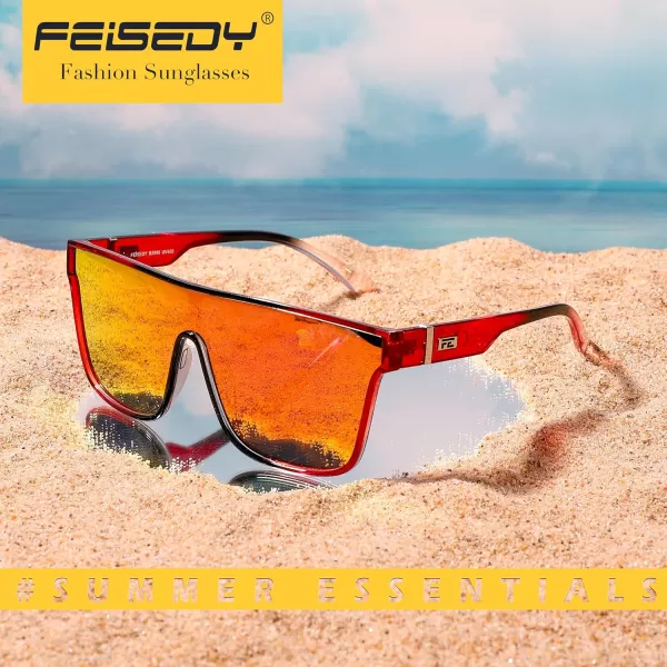FEISEDY Fashion Flat Top Sunglasses Trendy Oversized Square Shades Women Men UV400 B2996Red Black Frame  Red Mirrored Lens