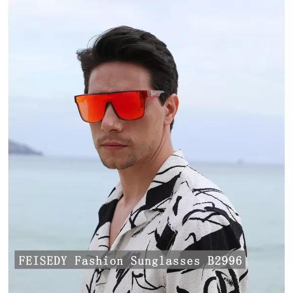 FEISEDY Fashion Flat Top Sunglasses Trendy Oversized Square Shades Women Men UV400 B2996Red Black Frame  Red Mirrored Lens