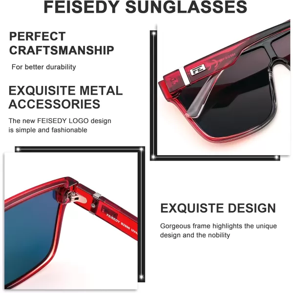 FEISEDY Fashion Flat Top Sunglasses Trendy Oversized Square Shades Women Men UV400 B2996Red Black Frame  Red Mirrored Lens