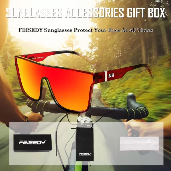 FEISEDY Fashion Flat Top Sunglasses Trendy Oversized Square Shades Women Men UV400 B2996Red Black Frame  Red Mirrored Lens