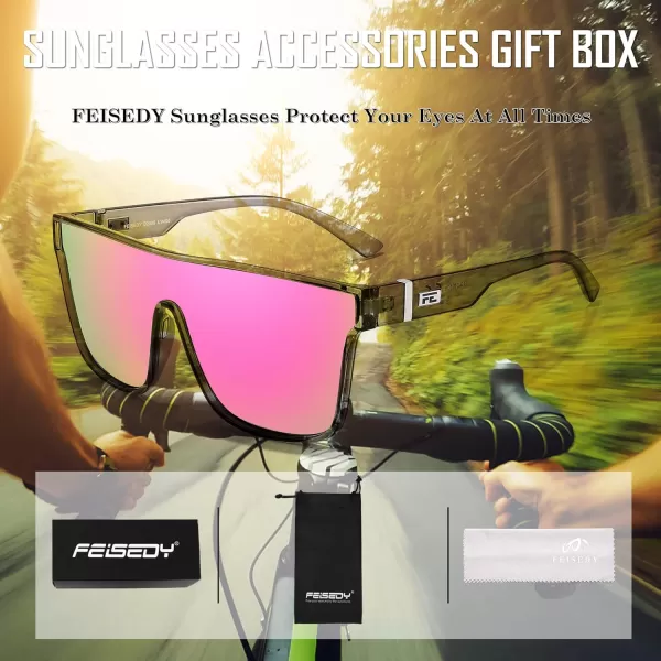 FEISEDY Fashion Flat Top Sunglasses Trendy Oversized Square Shades Women Men UV400 B2996Transparent Grey Frame  Pink Mirrored Lens
