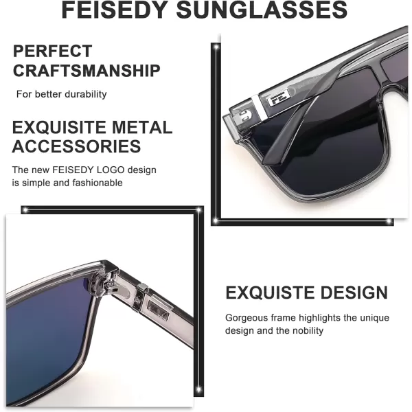 FEISEDY Fashion Flat Top Sunglasses Trendy Oversized Square Shades Women Men UV400 B2996Transparent Grey Frame  Pink Mirrored Lens