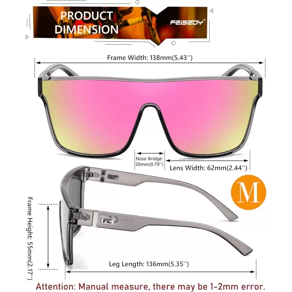FEISEDY Fashion Flat Top Sunglasses Trendy Oversized Square Shades Women Men UV400 B2996Transparent Grey Frame  Pink Mirrored Lens