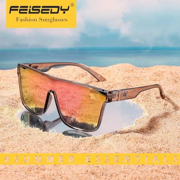 FEISEDY Fashion Flat Top Sunglasses Trendy Oversized Square Shades Women Men UV400 B2996Transparent Grey Frame  Pink Mirrored Lens
