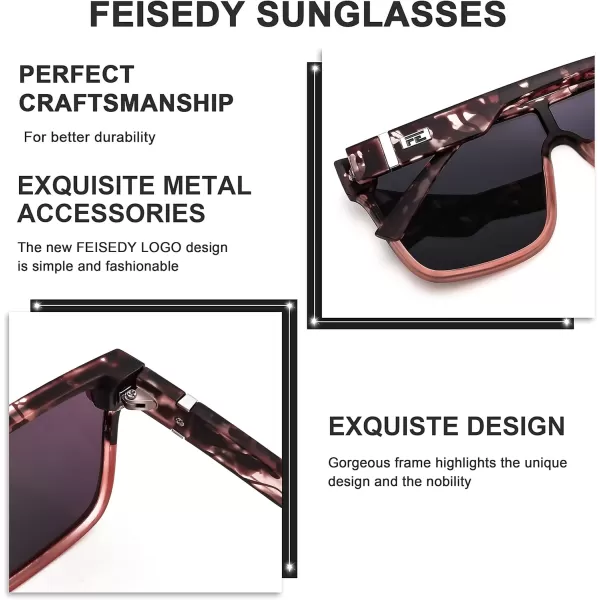 FEISEDY Fashion Flat Top Sunglasses Trendy Oversized Square Shades Women Men UV400 B2996Transparent Pink Leopard Frame  Purple Mirrored Lens