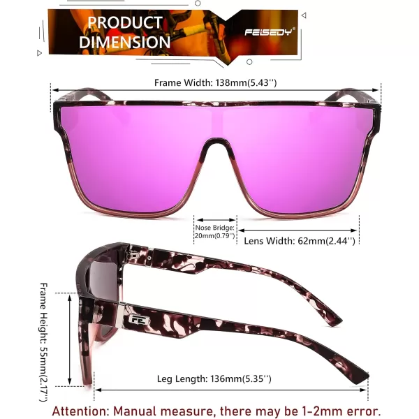 FEISEDY Fashion Flat Top Sunglasses Trendy Oversized Square Shades Women Men UV400 B2996Transparent Pink Leopard Frame  Purple Mirrored Lens