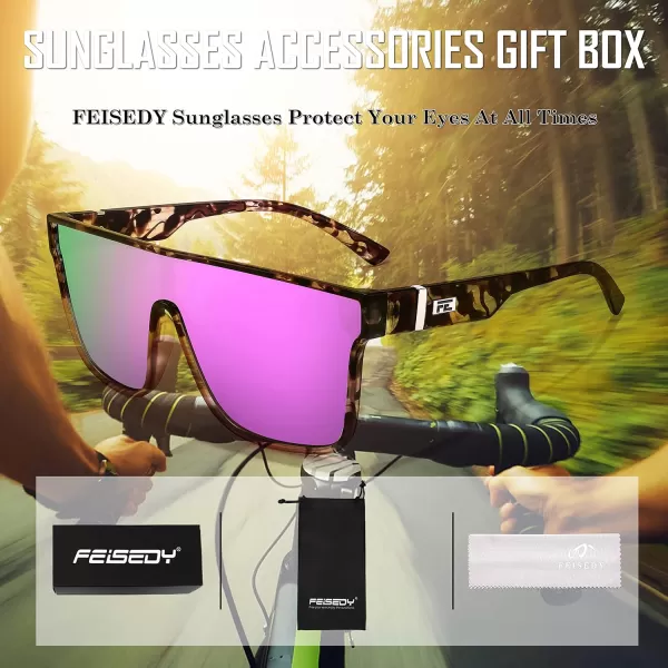 FEISEDY Fashion Flat Top Sunglasses Trendy Oversized Square Shades Women Men UV400 B2996Transparent Pink Leopard Frame  Purple Mirrored Lens