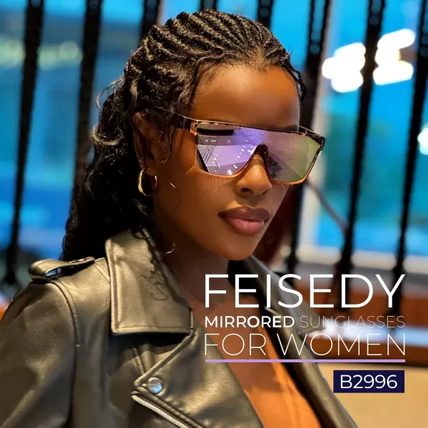 FEISEDY Fashion Flat Top Sunglasses Trendy Oversized Square Shades Women Men UV400 B2996Transparent Pink Leopard Frame  Purple Mirrored Lens