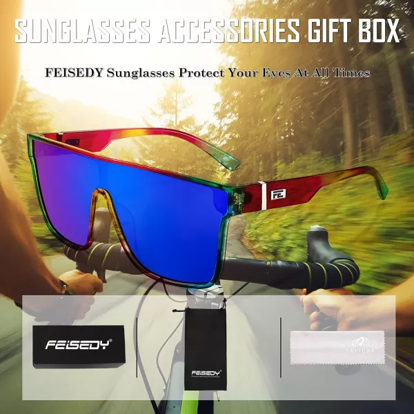 FEISEDY Fashion Flat Top Sunglasses Trendy Oversized Square Shades Women Men UV400 B2996Transparent Red Blue Frame  Blue Mirrored Lens