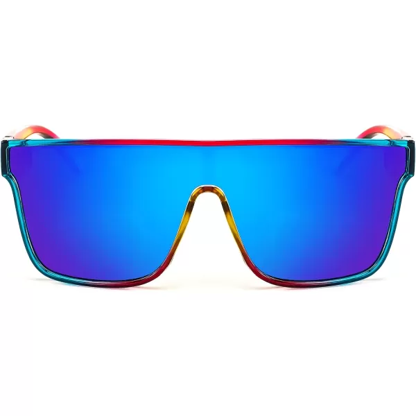 FEISEDY Fashion Flat Top Sunglasses Trendy Oversized Square Shades Women Men UV400 B2996Transparent Red Blue Frame  Blue Mirrored Lens
