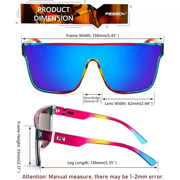 FEISEDY Fashion Flat Top Sunglasses Trendy Oversized Square Shades Women Men UV400 B2996Transparent Red Blue Frame  Blue Mirrored Lens