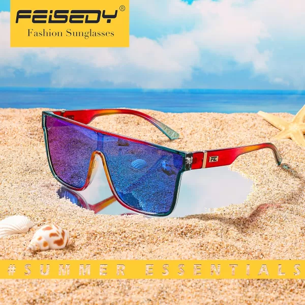 FEISEDY Fashion Flat Top Sunglasses Trendy Oversized Square Shades Women Men UV400 B2996Transparent Red Blue Frame  Blue Mirrored Lens