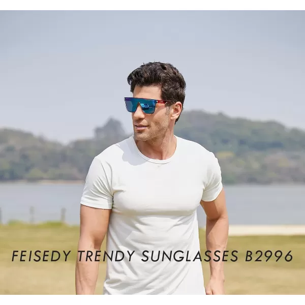 FEISEDY Fashion Flat Top Sunglasses Trendy Oversized Square Shades Women Men UV400 B2996Transparent Red Blue Frame  Blue Mirrored Lens