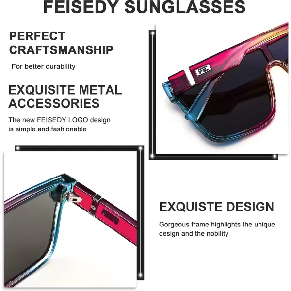 FEISEDY Fashion Flat Top Sunglasses Trendy Oversized Square Shades Women Men UV400 B2996Transparent Red Blue Frame  Blue Mirrored Lens