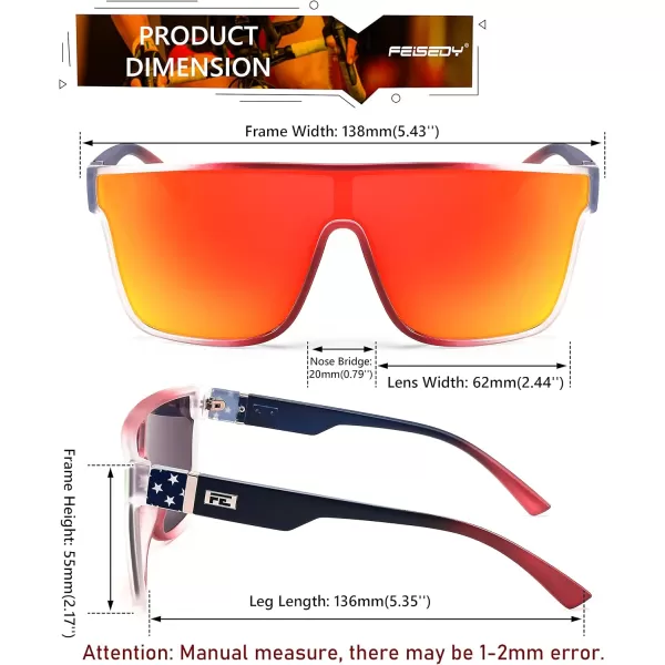 FEISEDY Fashion Flat Top Sunglasses Trendy Oversized Square Shades Women Men UV400 B2996Transparent Red Frame  Red Mirror Lens
