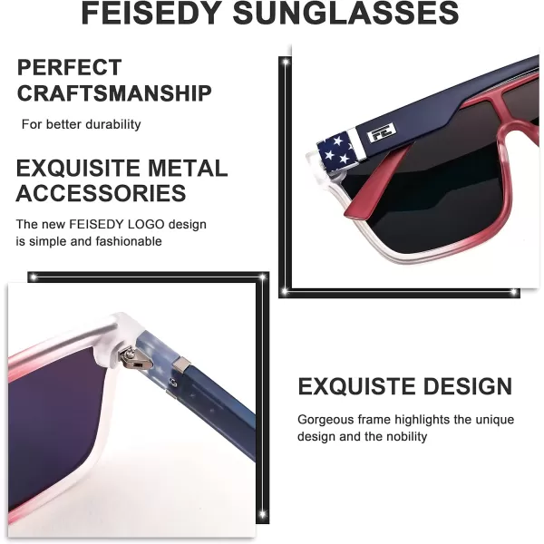 FEISEDY Fashion Flat Top Sunglasses Trendy Oversized Square Shades Women Men UV400 B2996Transparent Red Frame  Red Mirror Lens