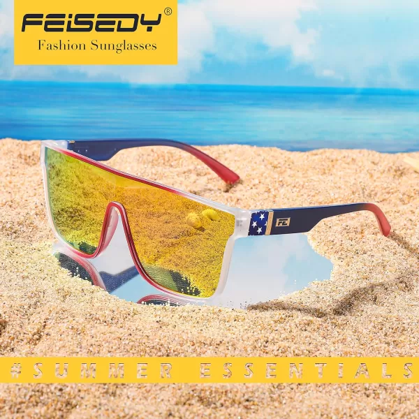 FEISEDY Fashion Flat Top Sunglasses Trendy Oversized Square Shades Women Men UV400 B2996Transparent Red Frame  Red Mirror Lens