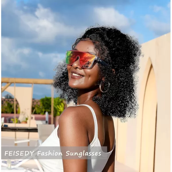FEISEDY Fashion Flat Top Sunglasses Trendy Oversized Square Shades Women Men UV400 B2996Transparent Red Frame  Red Mirror Lens