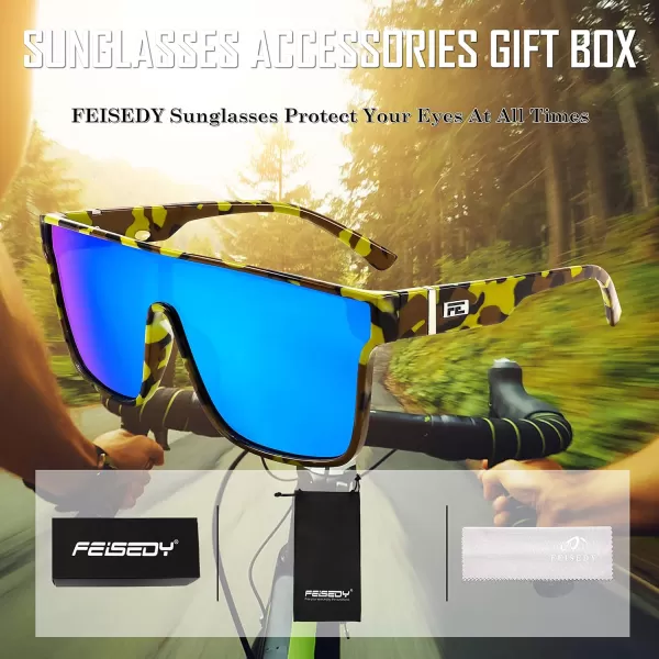 FEISEDY Fashion Flat Top Sunglasses Trendy Oversized Square Shades Women Men UV400 B2996Yellow Camouflage Frame  Blue Mirrored Lens