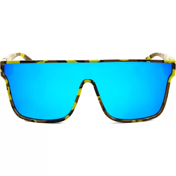 FEISEDY Fashion Flat Top Sunglasses Trendy Oversized Square Shades Women Men UV400 B2996Yellow Camouflage Frame  Blue Mirrored Lens