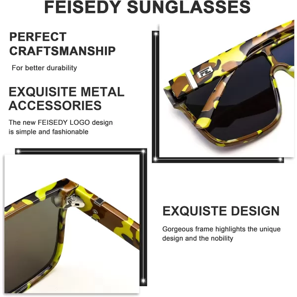 FEISEDY Fashion Flat Top Sunglasses Trendy Oversized Square Shades Women Men UV400 B2996Yellow Camouflage Frame  Blue Mirrored Lens