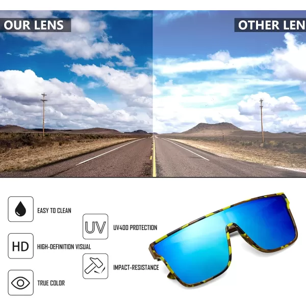FEISEDY Fashion Flat Top Sunglasses Trendy Oversized Square Shades Women Men UV400 B2996Yellow Camouflage Frame  Blue Mirrored Lens