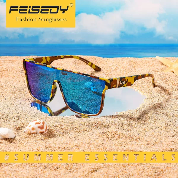 FEISEDY Fashion Flat Top Sunglasses Trendy Oversized Square Shades Women Men UV400 B2996Yellow Camouflage Frame  Blue Mirrored Lens