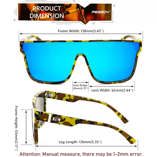 FEISEDY Fashion Flat Top Sunglasses Trendy Oversized Square Shades Women Men UV400 B2996Yellow Camouflage Frame  Blue Mirrored Lens