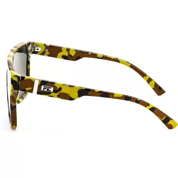 FEISEDY Fashion Flat Top Sunglasses Trendy Oversized Square Shades Women Men UV400 B2996Yellow Camouflage Frame  Blue Mirrored Lens