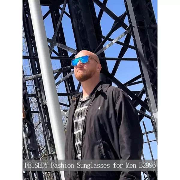 FEISEDY Fashion Flat Top Sunglasses Trendy Oversized Square Shades Women Men UV400 B2996Yellow Camouflage Frame  Blue Mirrored Lens