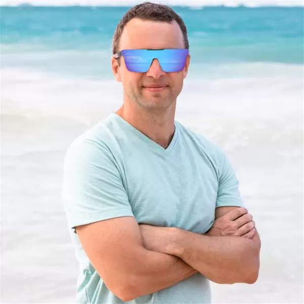 FEISEDY Men Women Sunglasses Polarized Oversized Square Vintage Cycling Running Fishing Golf Hiking Sports Sun Glasses B2990Polarized Blue Mirrored Lenses With American Flag Temples 004