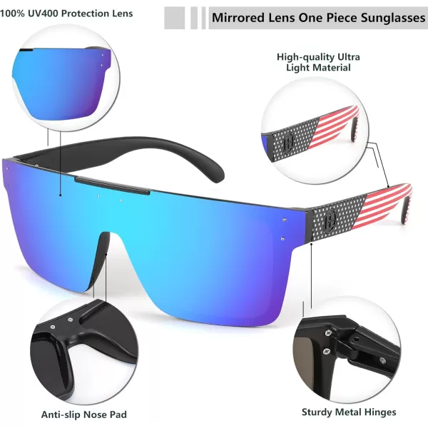 FEISEDY Men Women Sunglasses Polarized Oversized Square Vintage Cycling Running Fishing Golf Hiking Sports Sun Glasses B2990Polarized Blue Mirrored Lenses With American Flag Temples 004