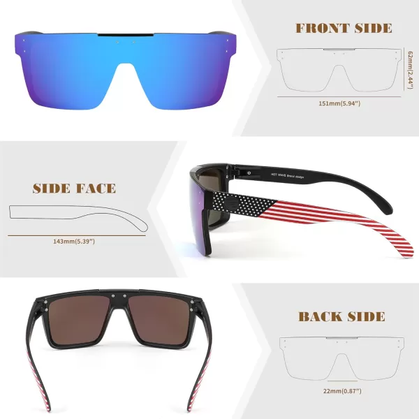 FEISEDY Men Women Sunglasses Polarized Oversized Square Vintage Cycling Running Fishing Golf Hiking Sports Sun Glasses B2990Polarized Blue Mirrored Lenses With American Flag Temples 004