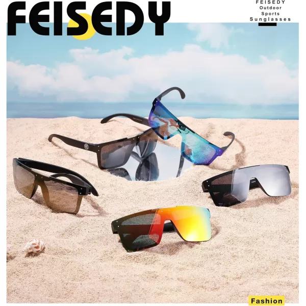 FEISEDY Men Women Sunglasses Polarized Oversized Square Vintage Cycling Running Fishing Golf Hiking Sports Sun Glasses B2990Polarized Brown Mirrored Lenses With Black Temples 003