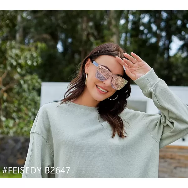 FEISEDY Mirrored Rimless Sunglasses One Piece Lens Reflective Sunglasses for Women Men B2647Pink Gold