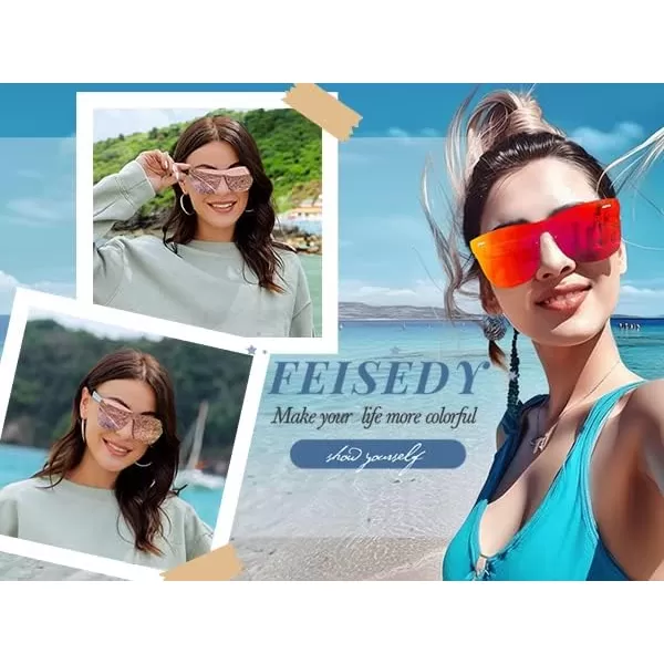 FEISEDY Mirrored Rimless Sunglasses One Piece Lens Reflective Sunglasses for Women Men B2647Pink Gold