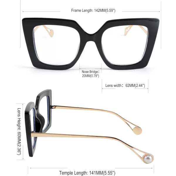 FEISEDY Oversized Square Blue Light Blocking Glasses Eye Strain Glare Pearl Inlay Arm Cat Eye Fashion Eyewear B2639Black